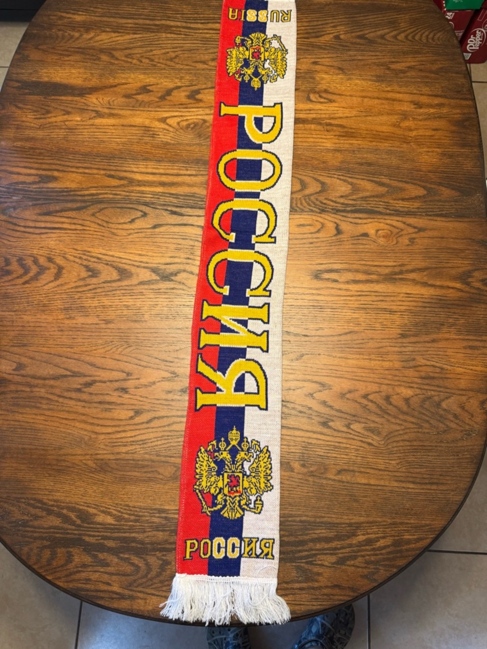 Russ Knit Tricolor Scarf with Crest — Red, Blue, White, Yellow